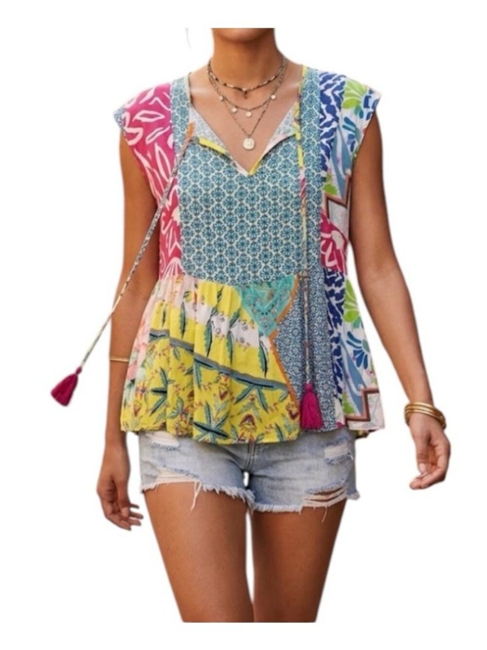 Avani Del Amour Multicolor Floral Artisan Boho Hippie Vacation Blouse Small